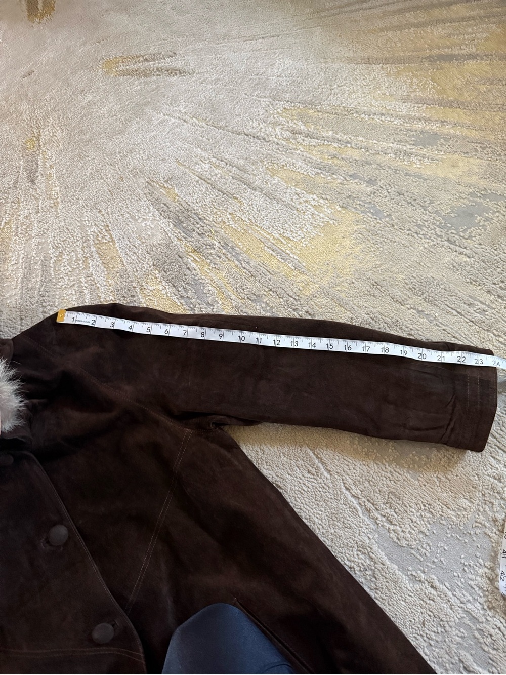 Vintage brown suede leather long line coat jacket with hood fur trim 40 / medium - Picture 9 of 12